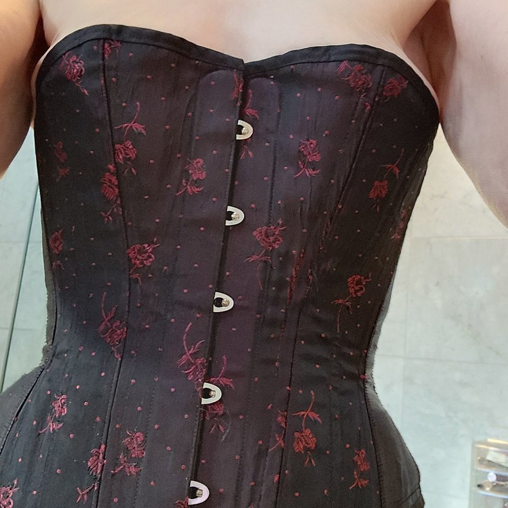 Real steel boned corset with front busk, Edwardian over-bust, red brocade,